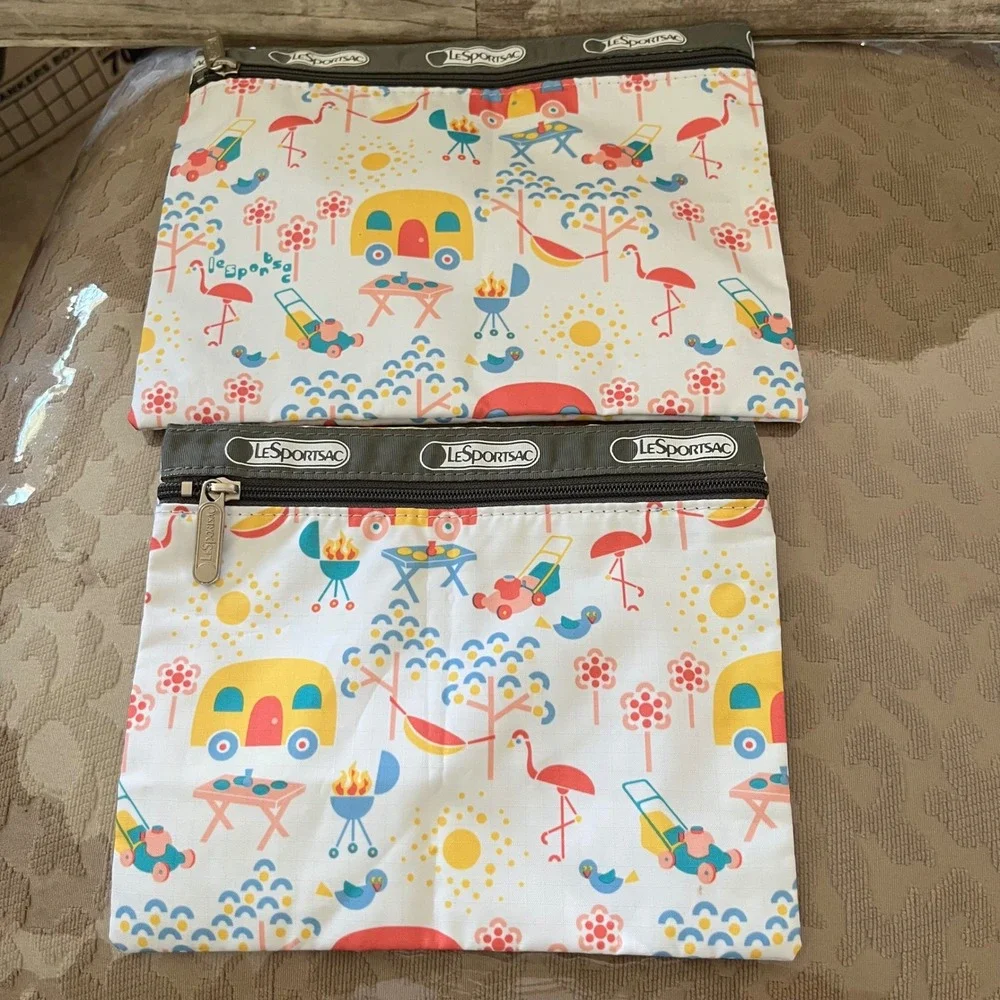 LeSportsac Happy Campers Pouch Set of 2 Flamingo Retro Trailer Makeup Bags